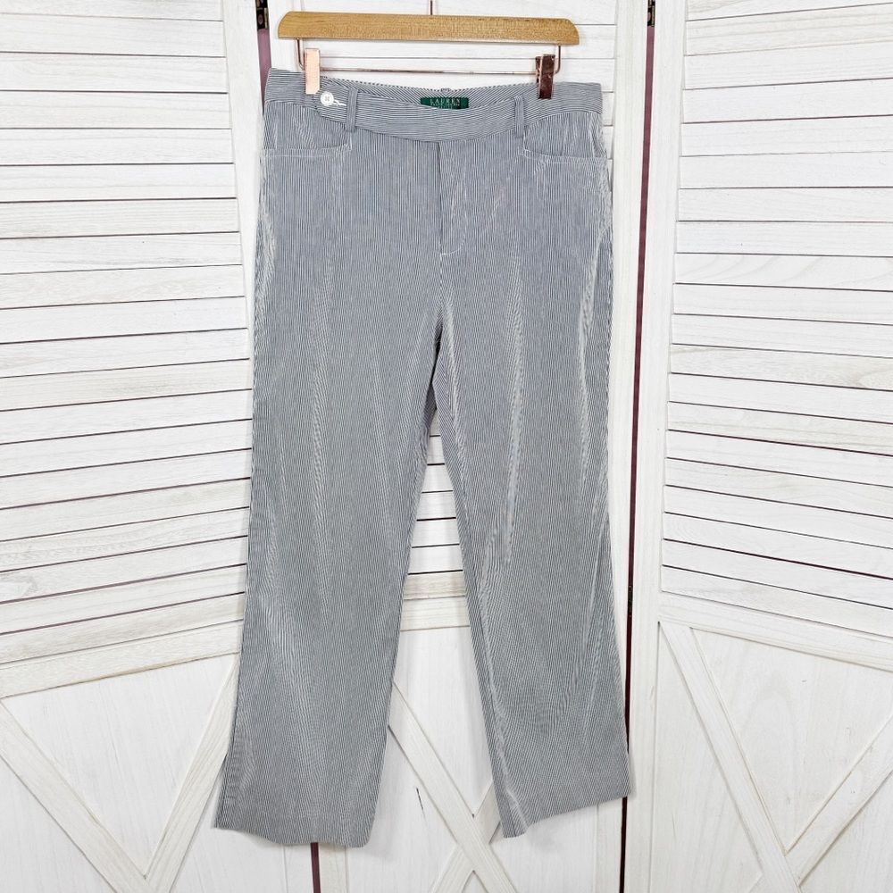 Lauren Ralph Lauren Pin Stripe Stretch Long Tab Trouser Pants Blue White 10P
